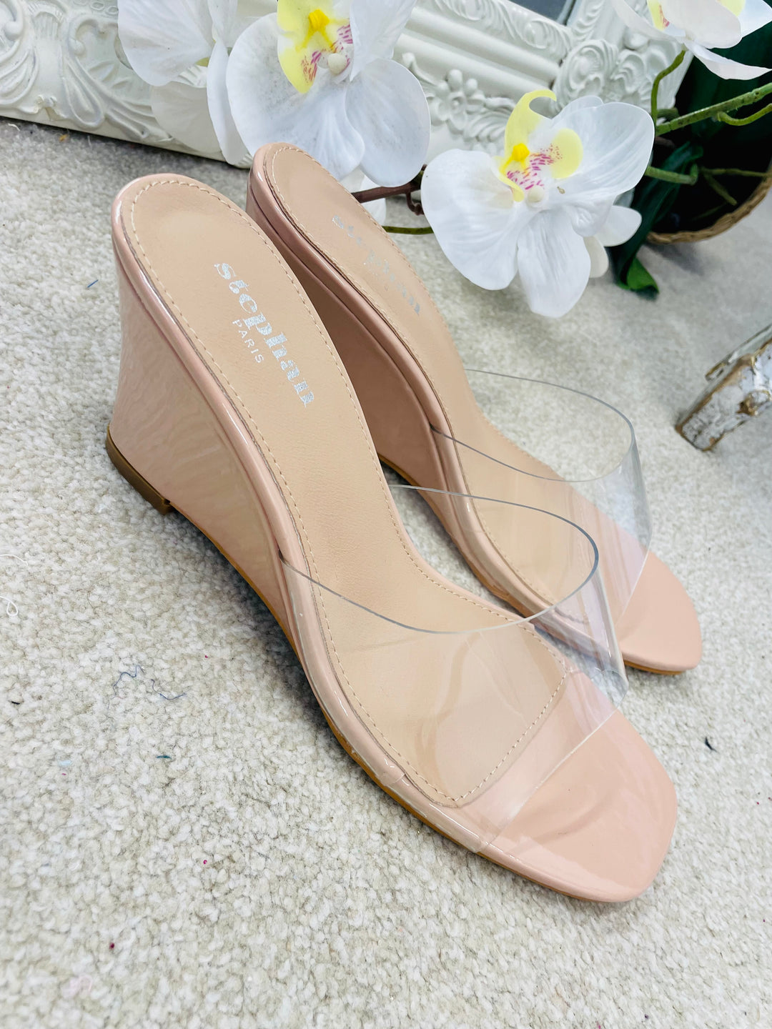 LADIES CLEAR NUDE WEDGE HEEL SUMMER SANDALS 