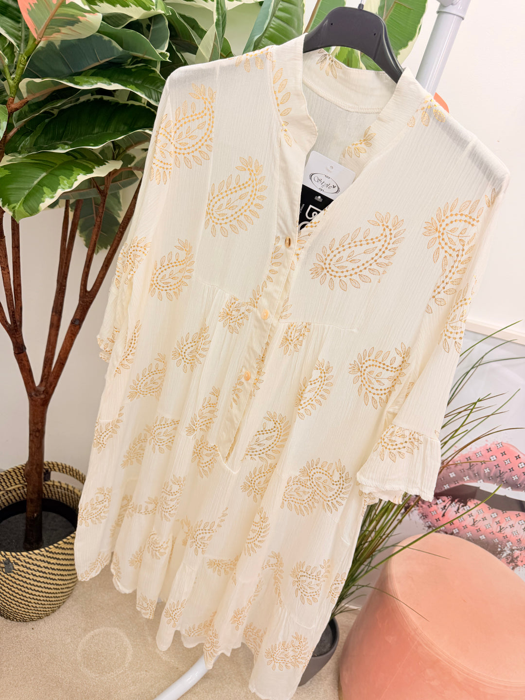 Ladies Fashion Cream Boho Swing Smock Mini Dress