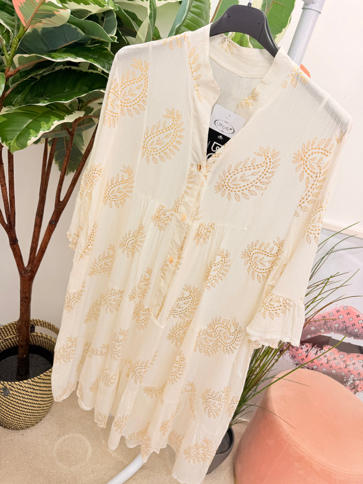 Ladies Fashion Cream Boho Swing Smock Mini Dress