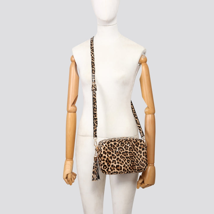 PATENT LEOPARD PRINT CAMERA BAG