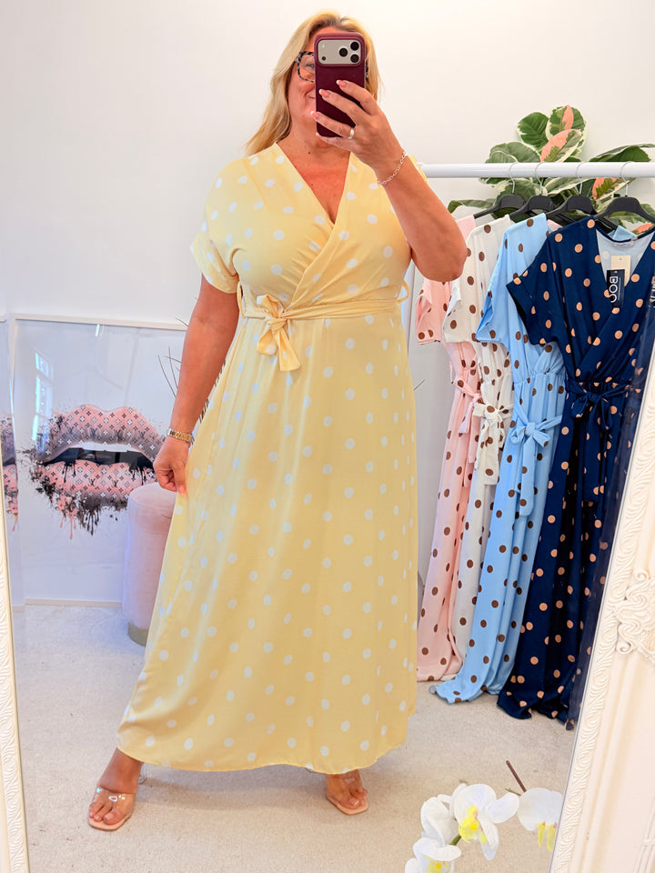 Ladies Polka Dot Wrap Midi Dress - Navy, Cream, Pink, Lemon & Pale Blue