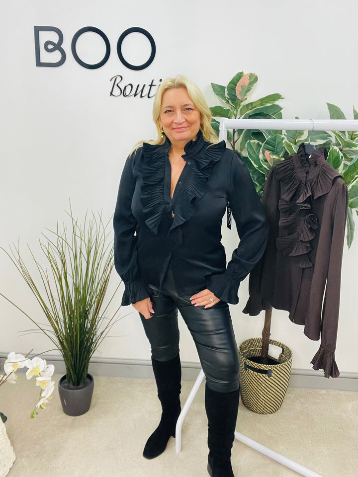 LADIES FRILL FRONT BLOUSE SHIRT - BLACK & BROWN