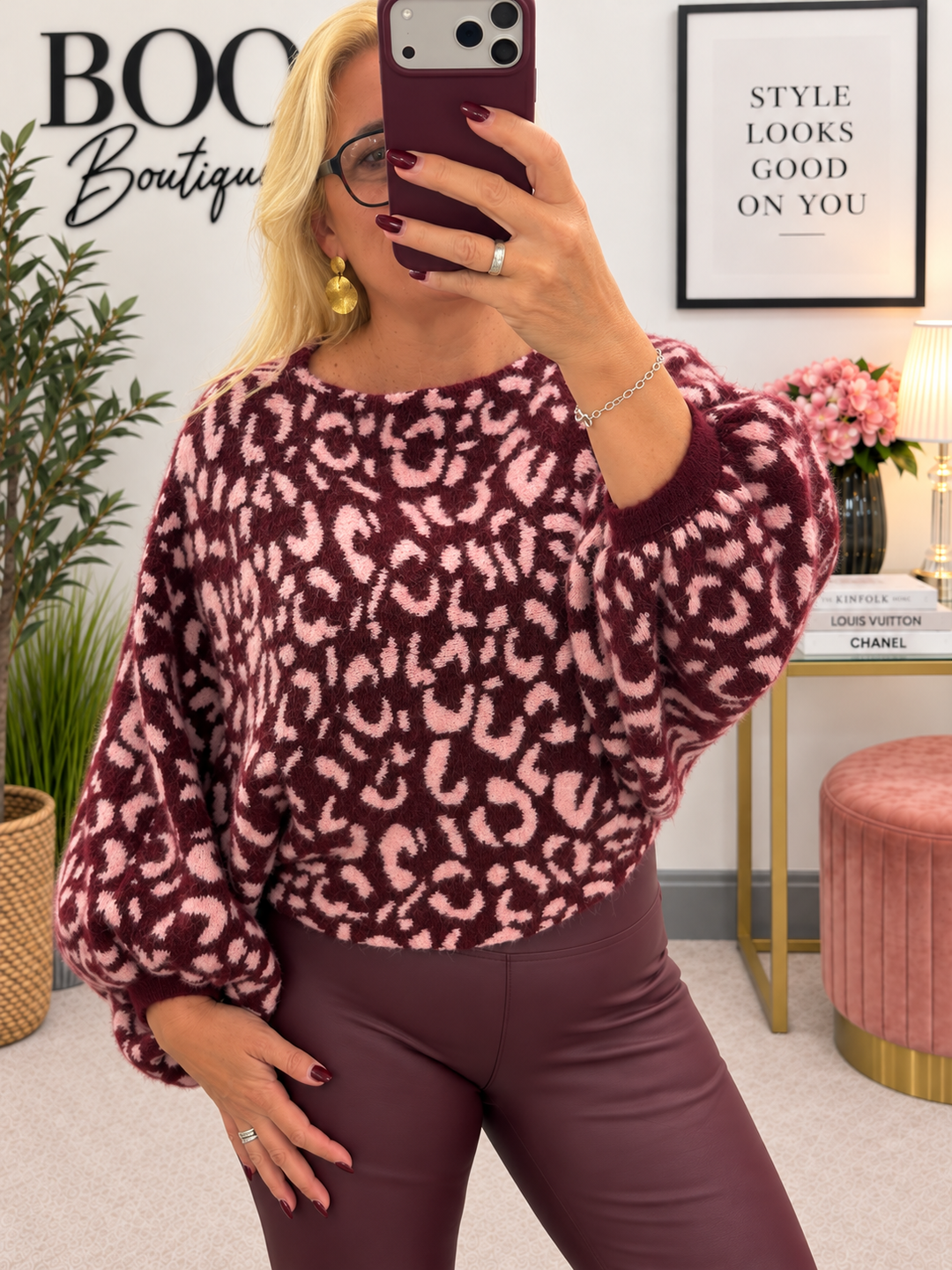 Womens Animal Print Slouch Knit Jumper - Lime, Blue, Plum & Wine