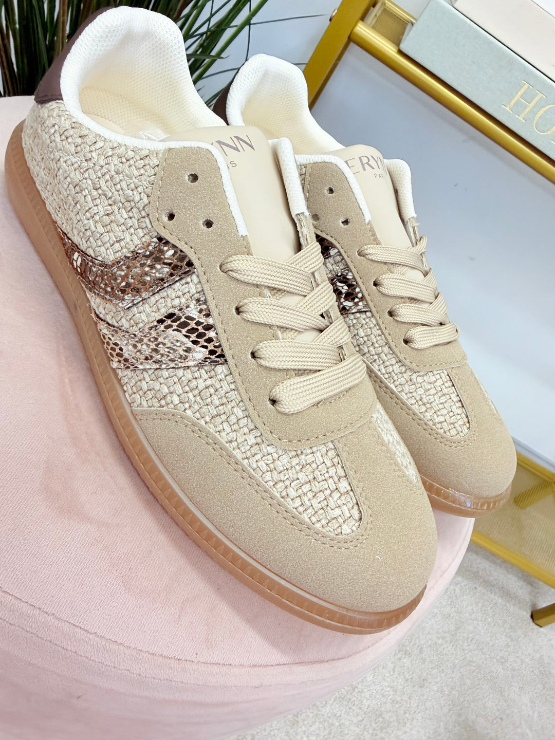 Ladies Fashion Beige Flat Inspired Stripe Trainers 