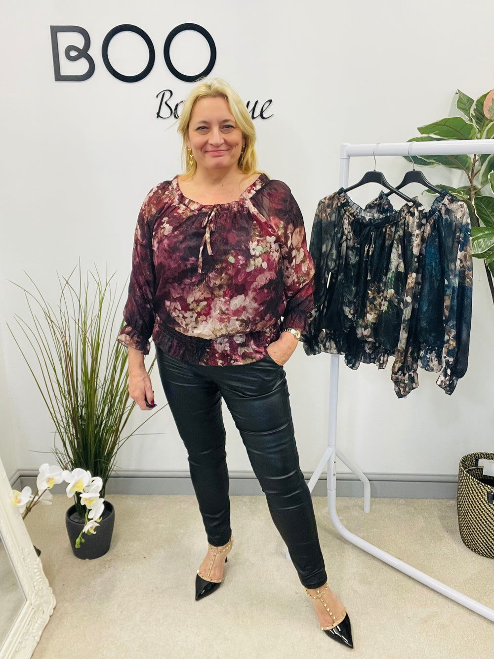 LADIES CHIFFON BARDOT GOING OUT TOP - BURGUNDY, NAVY, BLACK