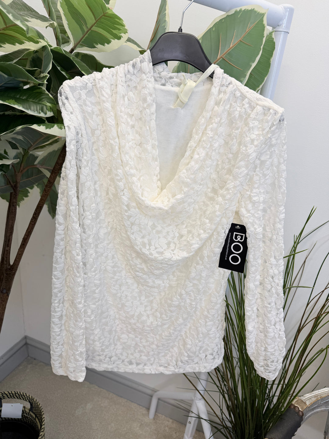 LADIES LACY COWL NECK LONG SLEEVE TOP - BLACK, WHITE & BROWN