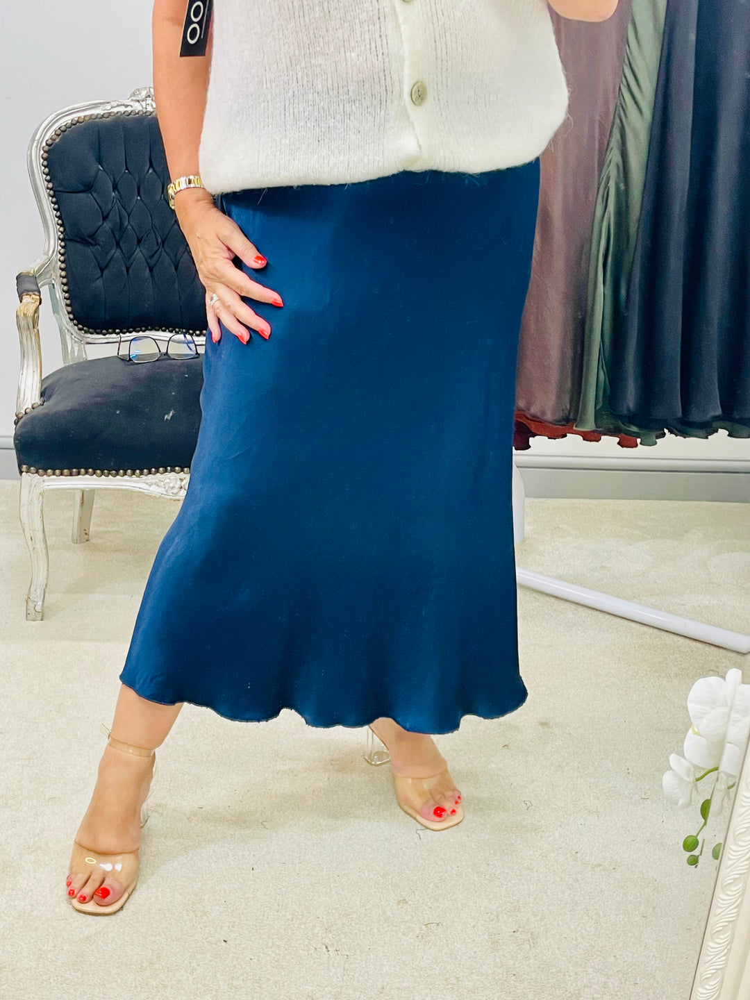 LADIES SATIN MAXI SKIRT - WINE, BLACK, BROWN, RUST, KHAKI, GOLD, NAVY