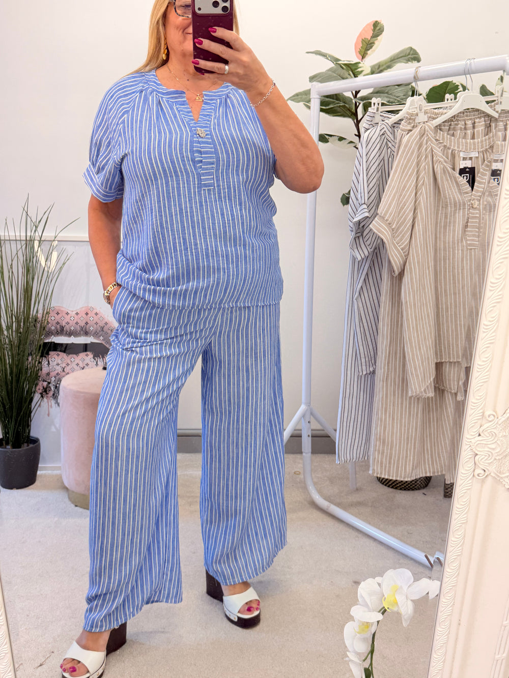 Ladies Fashion Stripe Wide Leg Trouser Co Ord Set - Khaki, Blue, White & Beige
