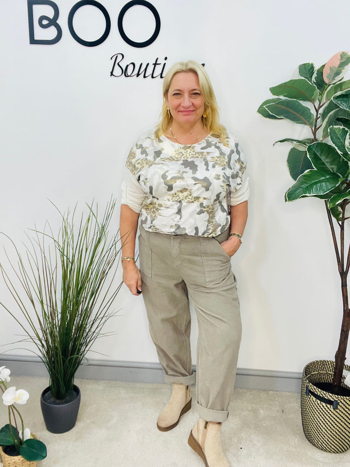 LADIES BAGGY CORDUROY TROUSERS - TAUPE, RUST & BROWN