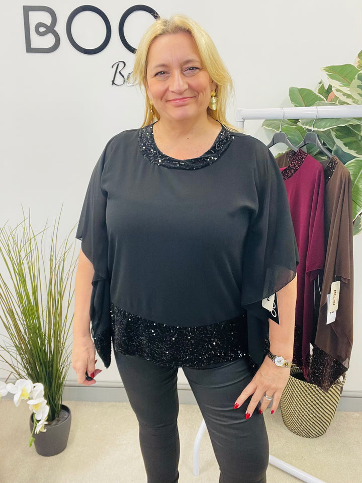 LADIES CHIFFON FLOATY SEQUIN PARTY TOP - BROWN, BLACK, BERRY