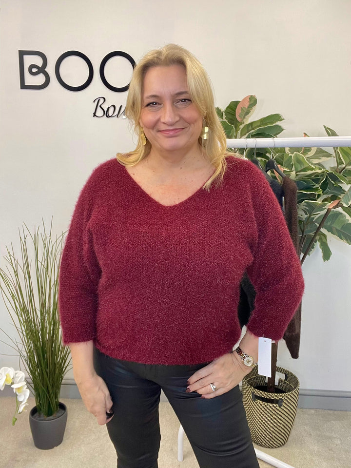 LADIES FLUFFY KNIT V NECK JUMPER - BROWN, BERRY, BLACK & NAVY