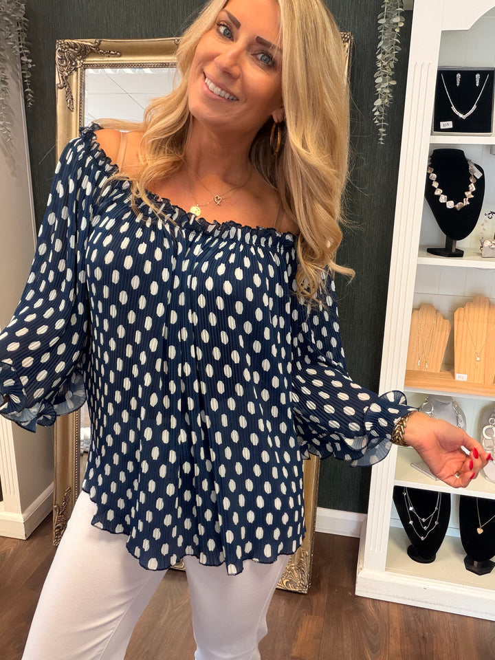 Ladies Pleated Polka Dot Bardot Top - White, Black, Navy & Beige