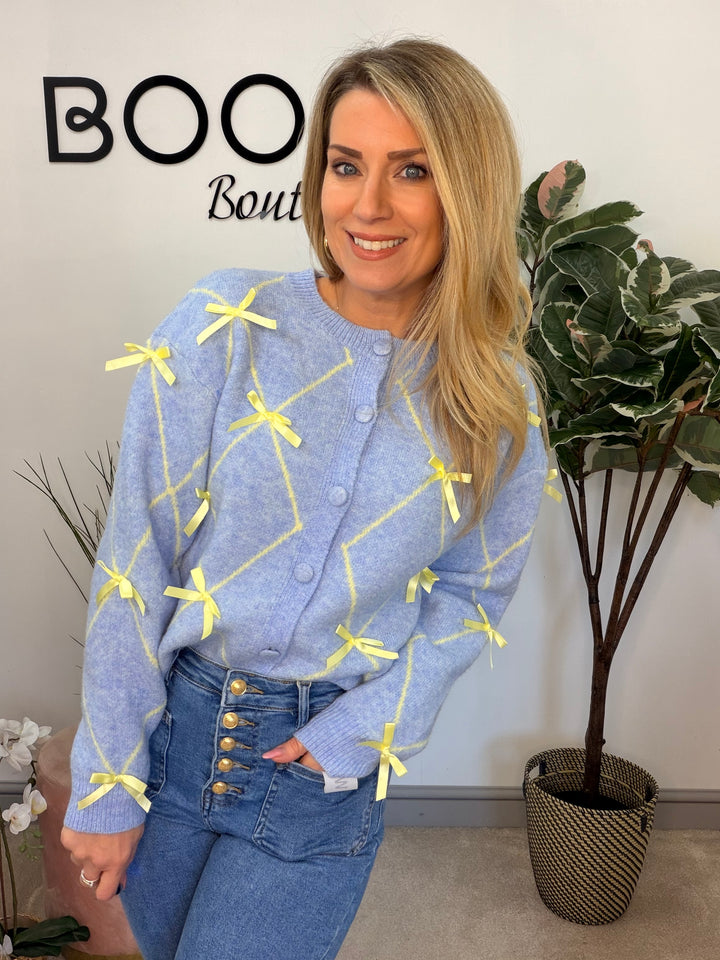 Ladies Fashion Soft Knit Satin Bow Cardigan - blue & pink