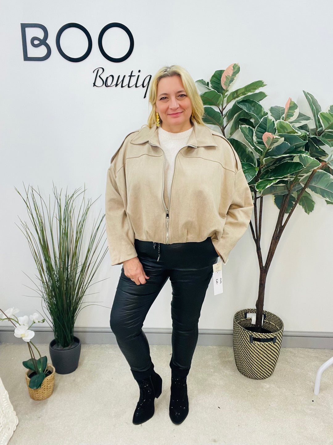 LADIES FASHION FAUX SUEDE BOMBER JACKET - BLACK, BEIGE, BROWN & BURGUNDY WINE