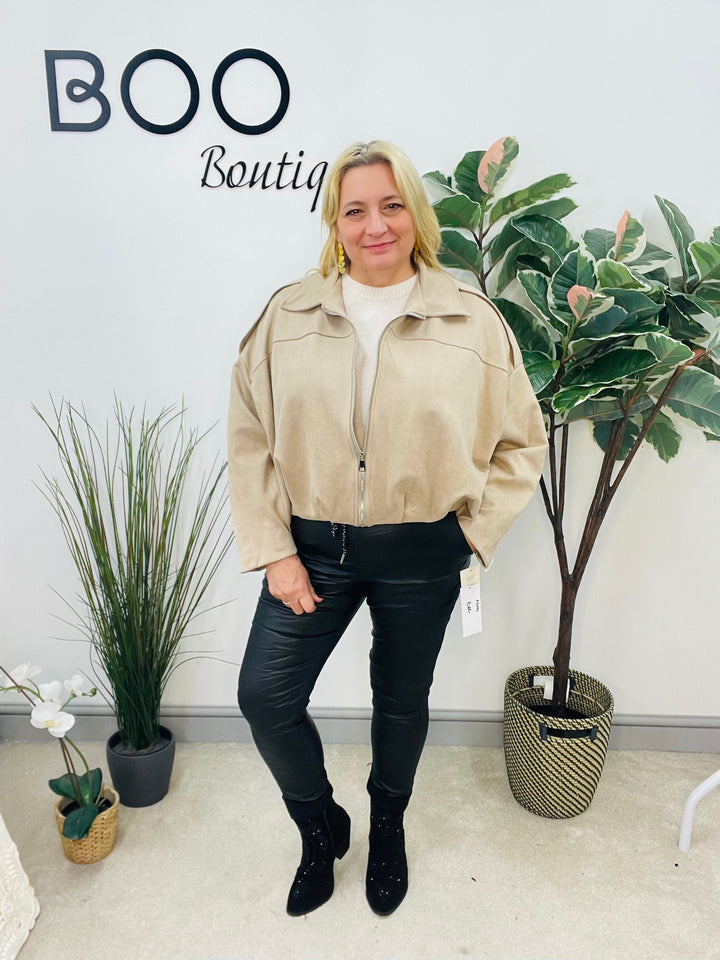 LADIES FASHION FAUX SUEDE BOMBER JACKET - BLACK, BEIGE, BROWN & BURGUNDY WINE