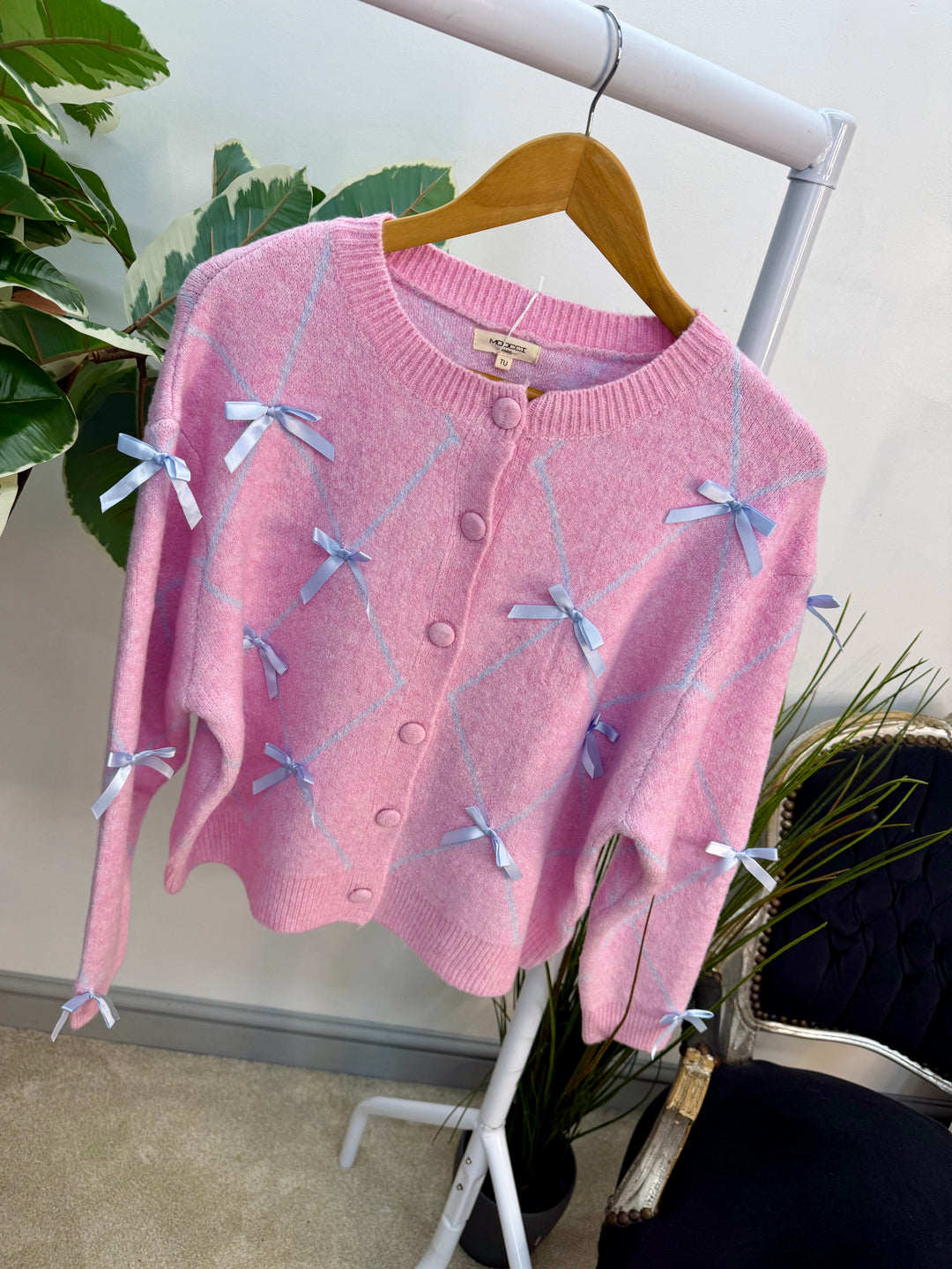 Ladies Fashion Soft Knit Satin Bow Cardigan - blue & pink