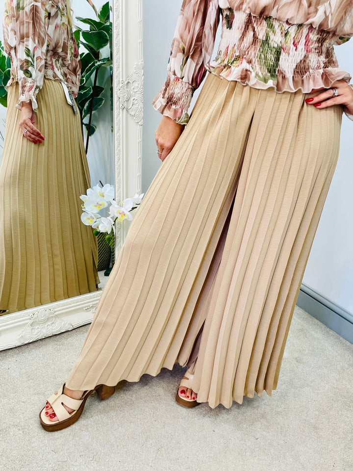 LADIES WOMENS PLEATED WIDE LEG PALAZZO CULOTTE TROUSERS - ROYAL BLUE, NAVY, BLACK, CAMEL, GREEN