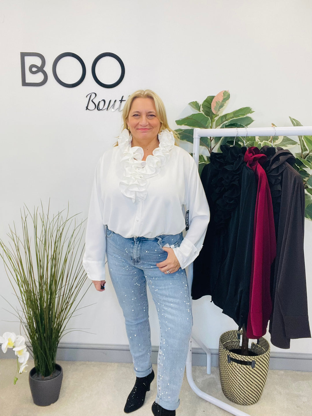 LADIES RUFFLE FRILL BLOUSE SHIRT - WHITE, BLACK, BROWN & BERRY