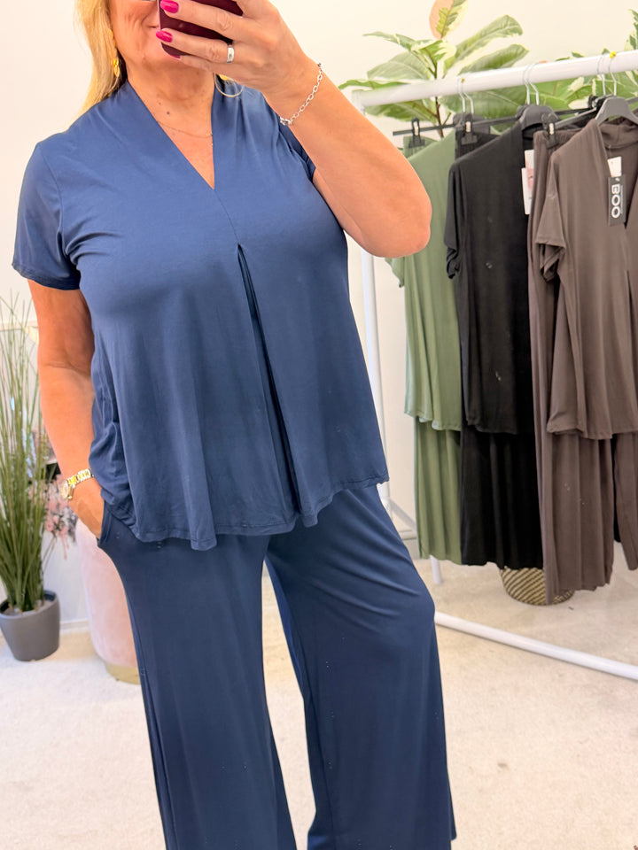 Ladies Fashion Jersey Wide Leg Trouser Co Ord Set - Black, Navy, Khaki & Brown