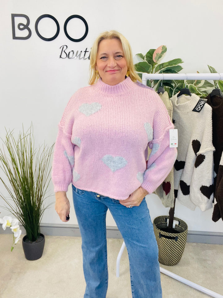 LADIES CHUNKY KNIT HEART JUMPER - MOCHA, BEIGE, BROWN & PINK