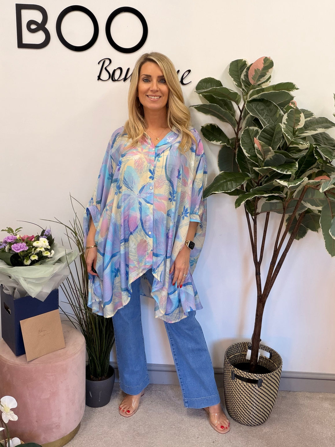 Ladies Fashion Tie Dye Loose Fit Flowy Oversize Blouse Top - pink & blue