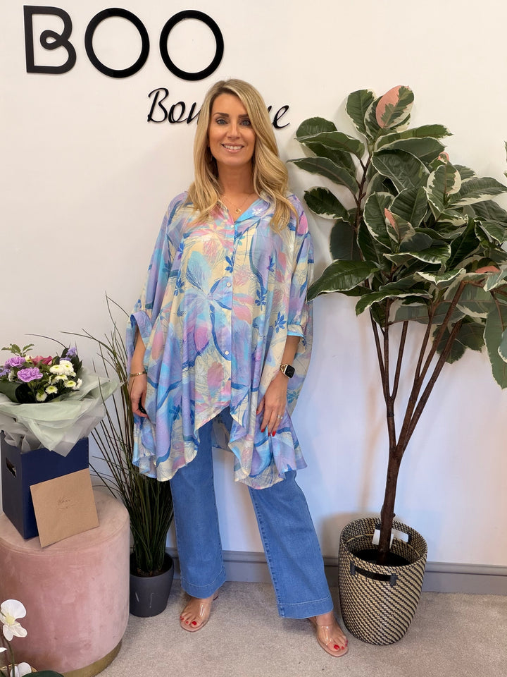 Ladies Fashion Tie Dye Loose Fit Flowy Oversize Blouse Top - pink & blue