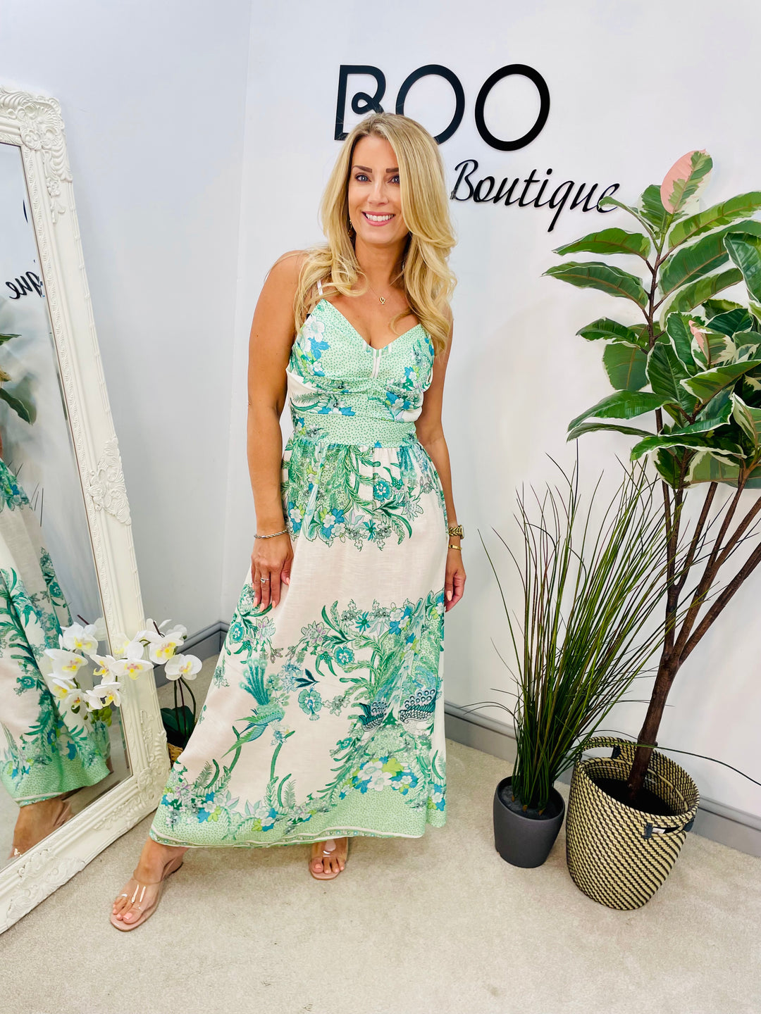 LADIES ORIENTAL PRINT SUMMER CAMI MAXI DRESS - PINK, BLUE & GREEN