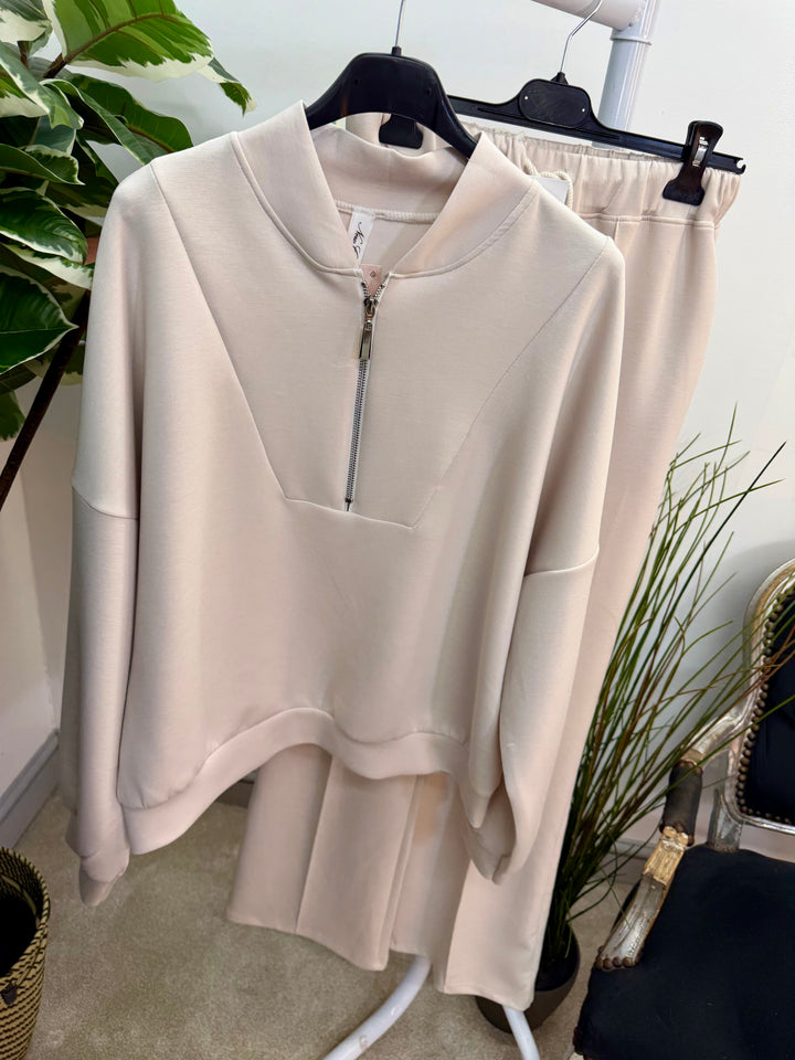 LADIES FASHION STRAIGHT LEG TROUSER CO ORD SET - BLUE, BEIGE & BLACK