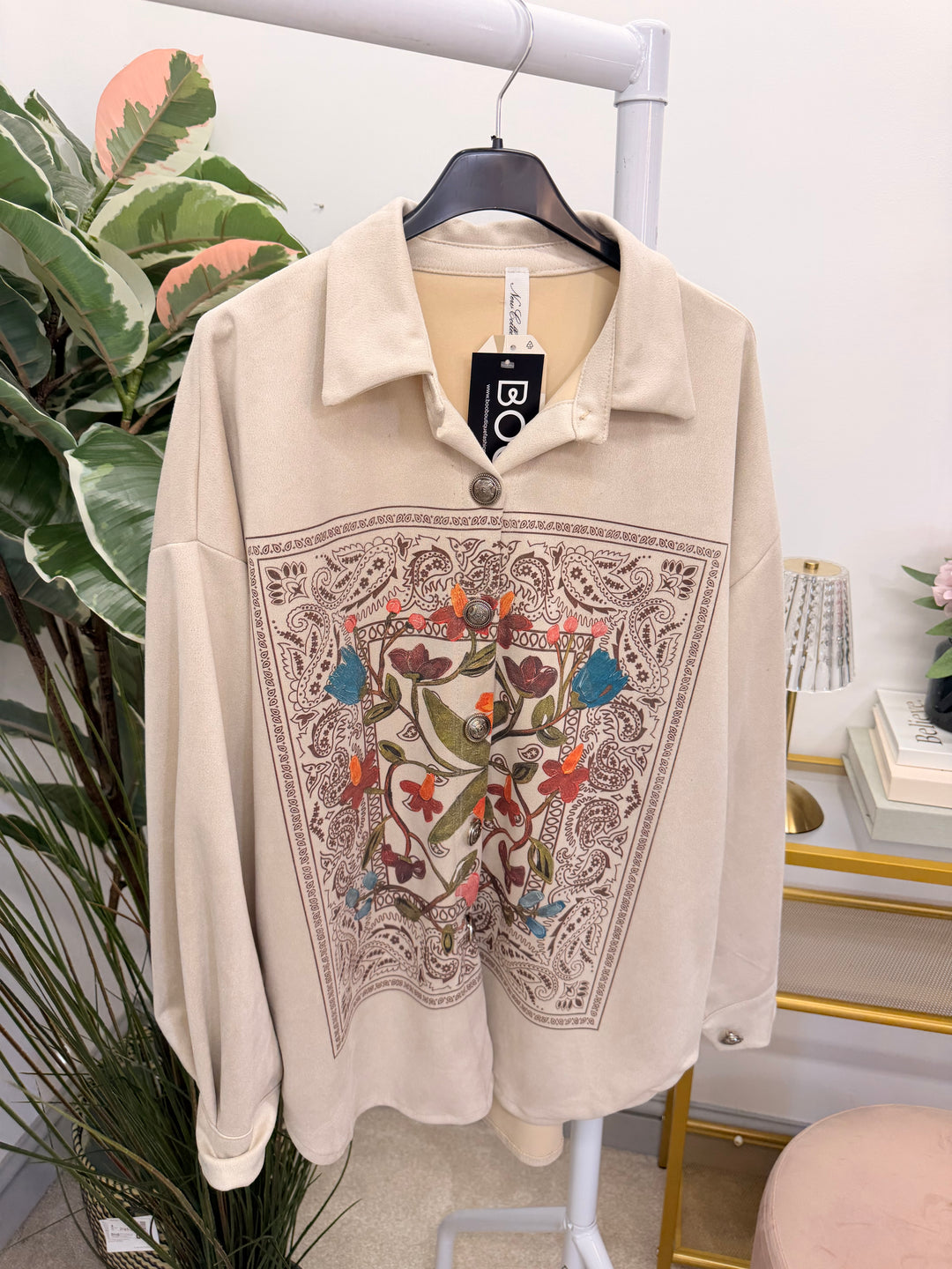 Ladies Fashion Faux Suede Shacket Jacket - Beige & Mocha