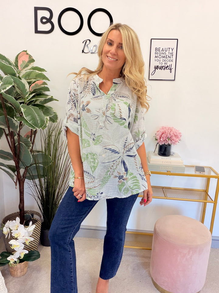 Ladies White Light Linen Leaf Print Grandad Shirt Top