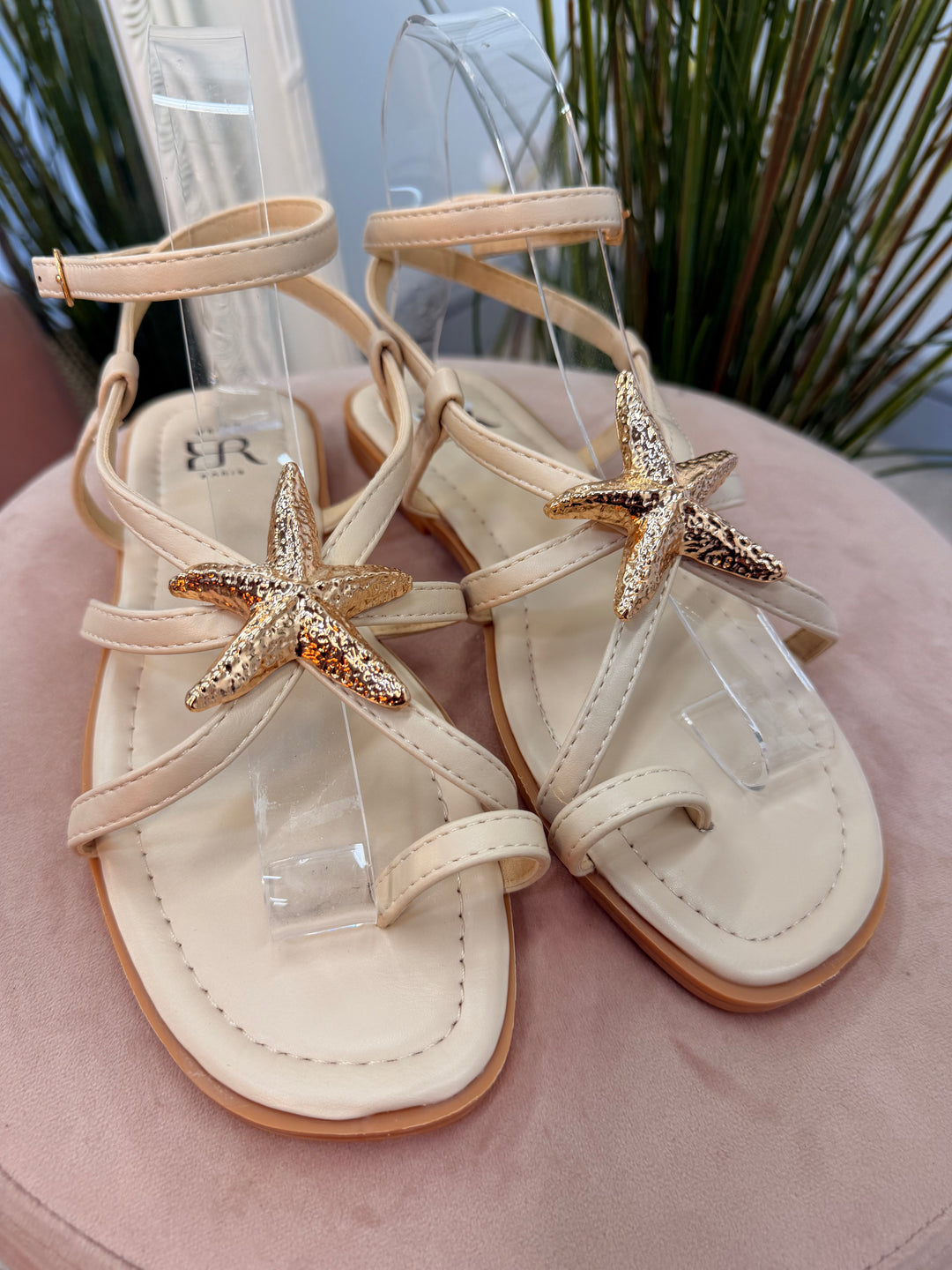 Ladies Flat Gladiator Sandals - beige and tan