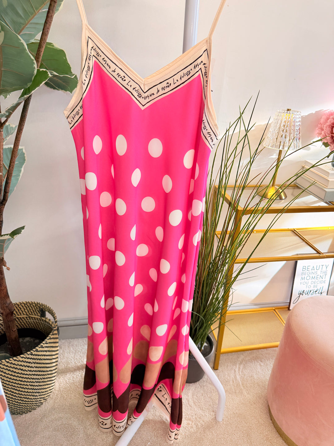 Ladies Polka Dot Satin Summer Cami Maxi Dress - Cream, Blue & Pink