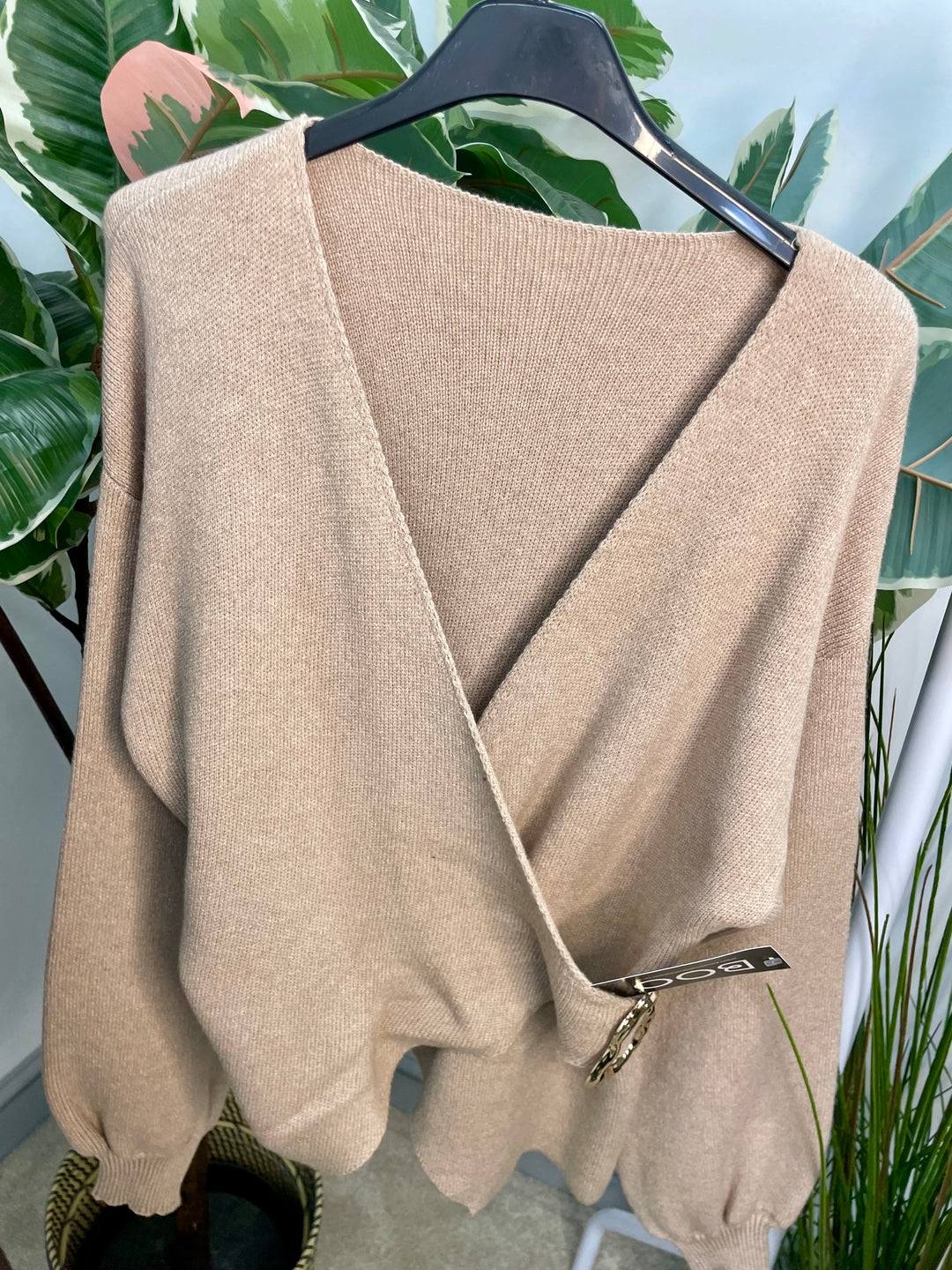 LADIES KNIT CROSS OVER JUMPER - WHITE, BEIGE, BROWN & BLACK