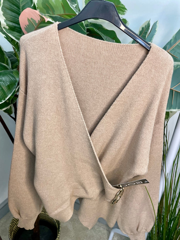 LADIES KNIT CROSS OVER JUMPER - WHITE, BEIGE, BROWN & BLACK