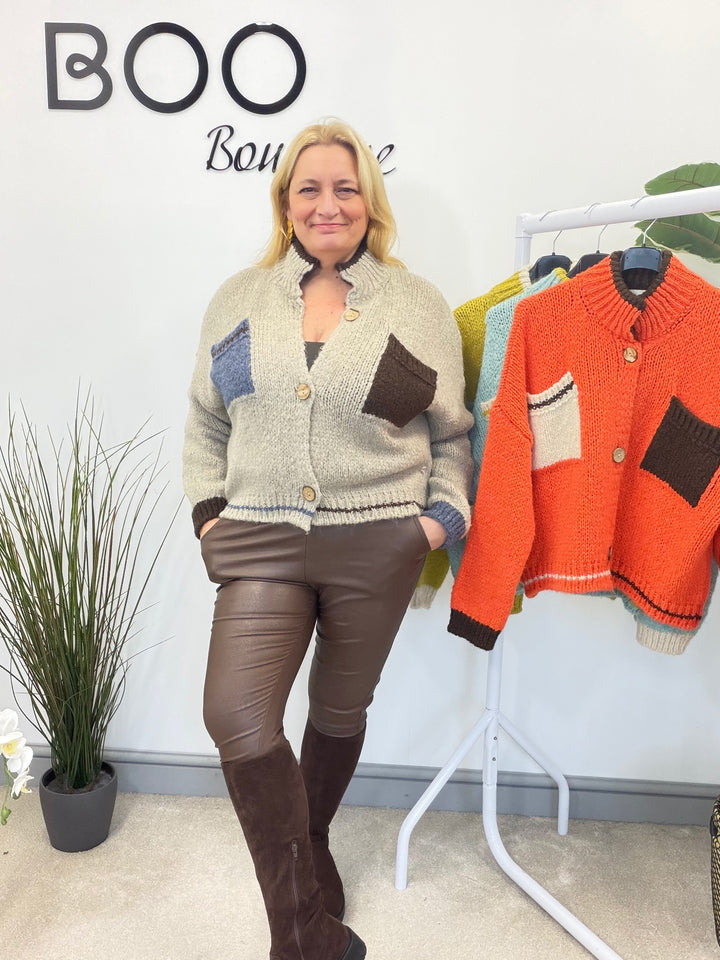 LADIES FUNKY CHUNKY KNIT TWO TONE CARDIGAN - MINT, BEIGE, ORANGE & LIME