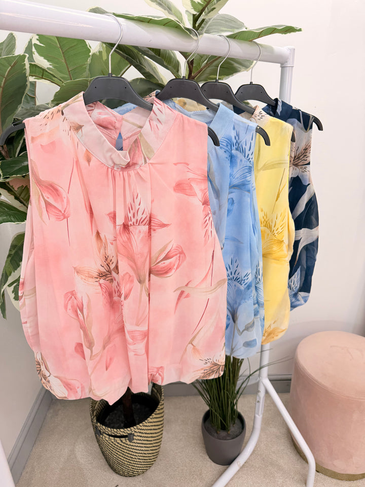Ladies Fashion Chiffon Sleeveless Summer Top - Pink, Navy, Lemon & Blue