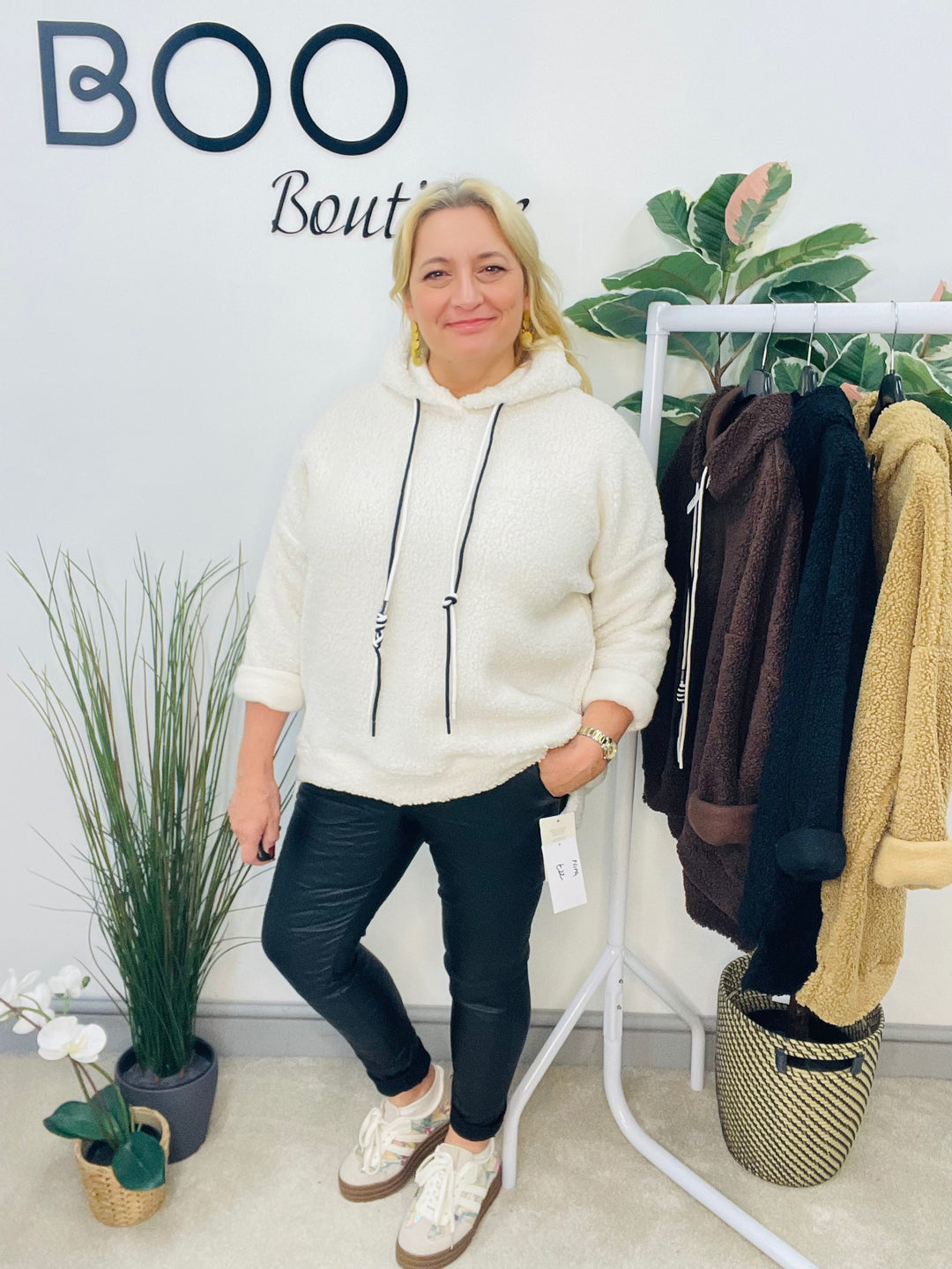 LADIES BOUCLE HOODIE TOP - BLACK, WHITE, CAMEL & BROWN