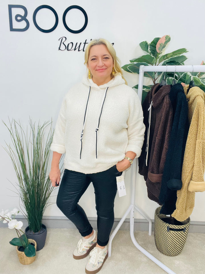 LADIES BOUCLE HOODIE TOP - BLACK, WHITE, CAMEL & BROWN