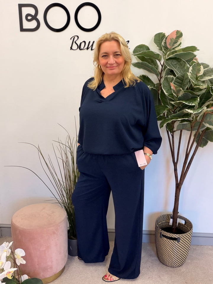 Ladies Fashion Wide Leg Trouser Co Ord Set - lemon, black, navy & beige