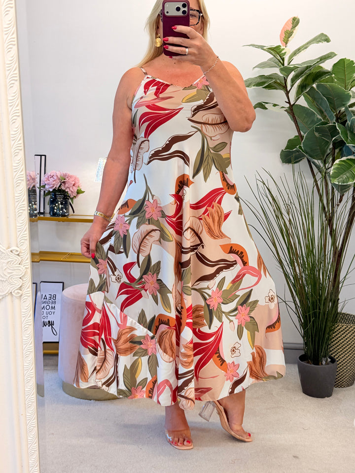Ladies Cream Red Leaf Print Satin Summer Maxi Strappy Dress