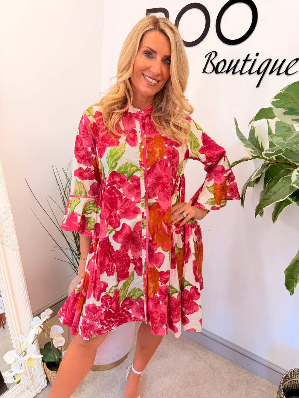 Ladies Pink Flower Print Swing Smock Summer Mini Dress