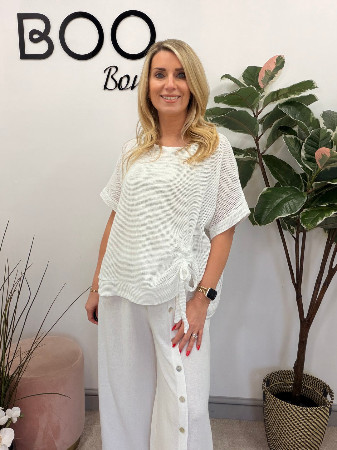 Ladies Fashion Teabag Linen Short Sleeve Top white