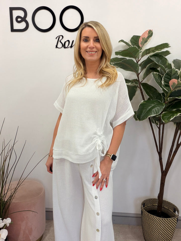 Ladies Fashion Teabag Linen Short Sleeve Top white