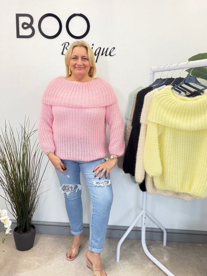 LADIES FLUFFY KNIT BARDOT JUMPER - MINT, BLACK, CREAM, PINK, LEMON & MOCHA