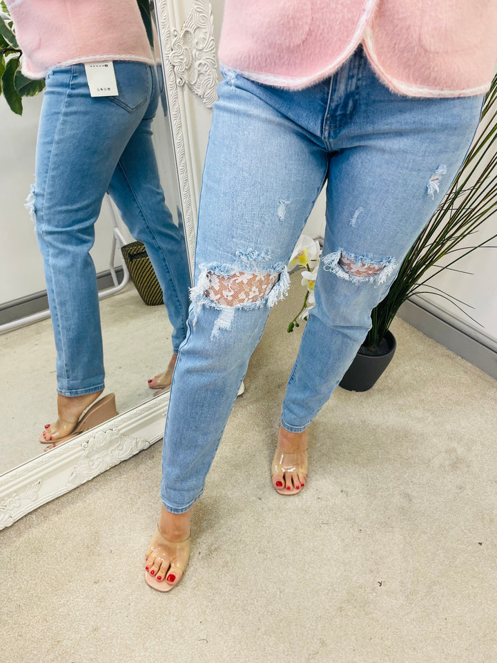 LADIES FASHION LIGHT BLUE DISTRESSED LACE JEANS