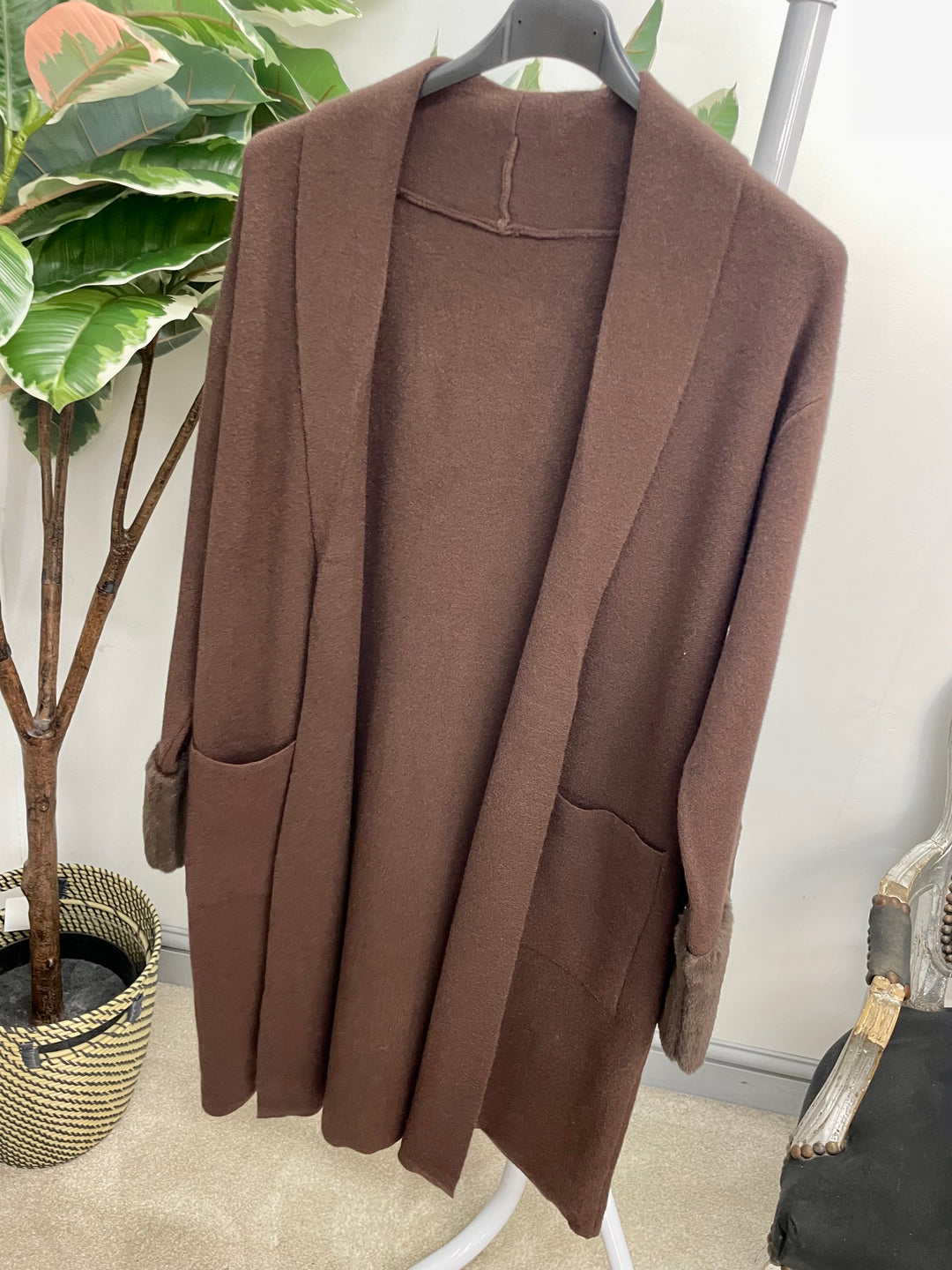 LADIES LONGLINE FAUX FUR CUFF CARDIGAN - CAMEL, BLACK, KHAKI, BROWN