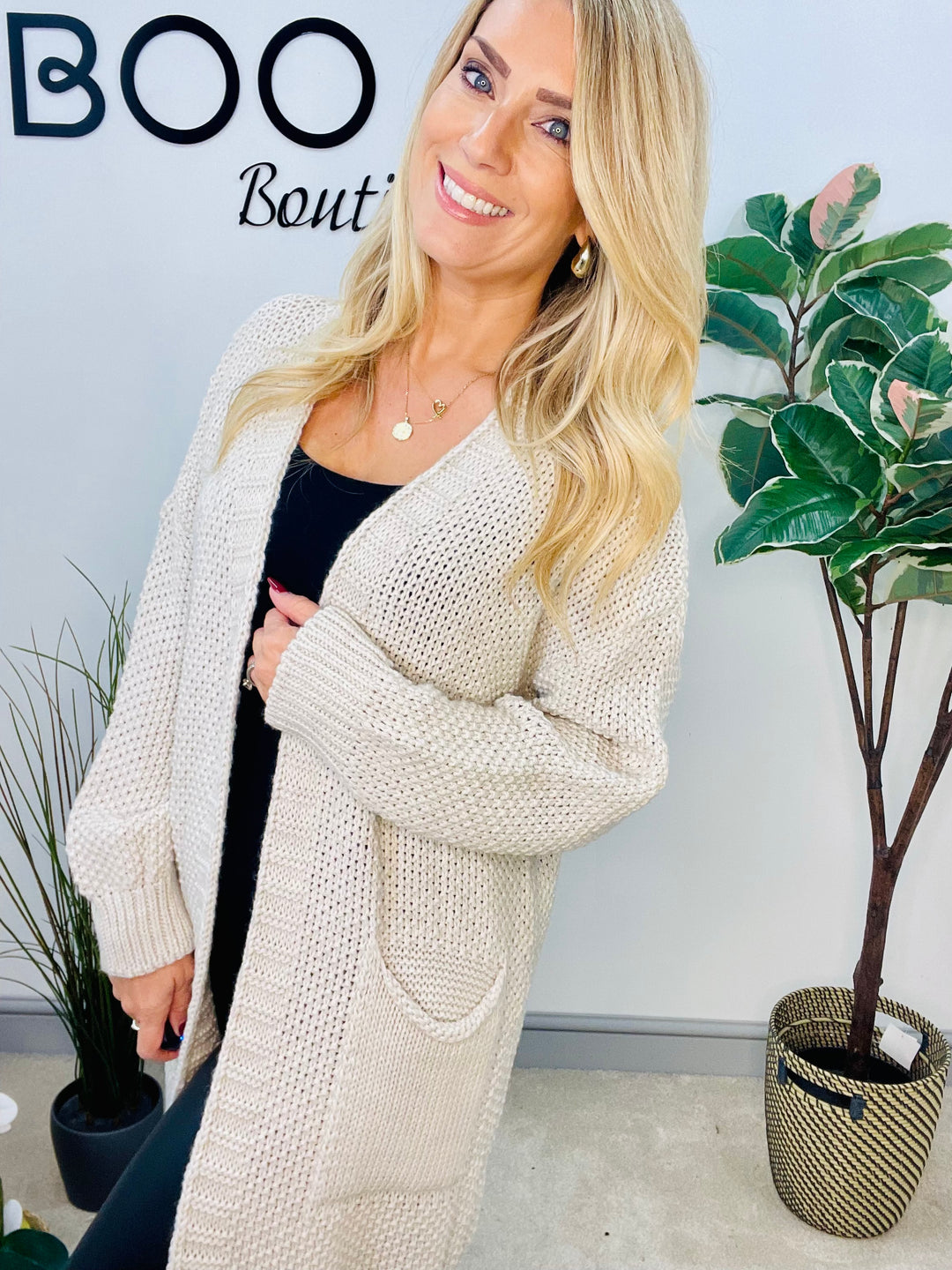 LADIES WAFFLE KNIT LONG LINE CARDIGAN - BLACK, BROWN & BEIGE