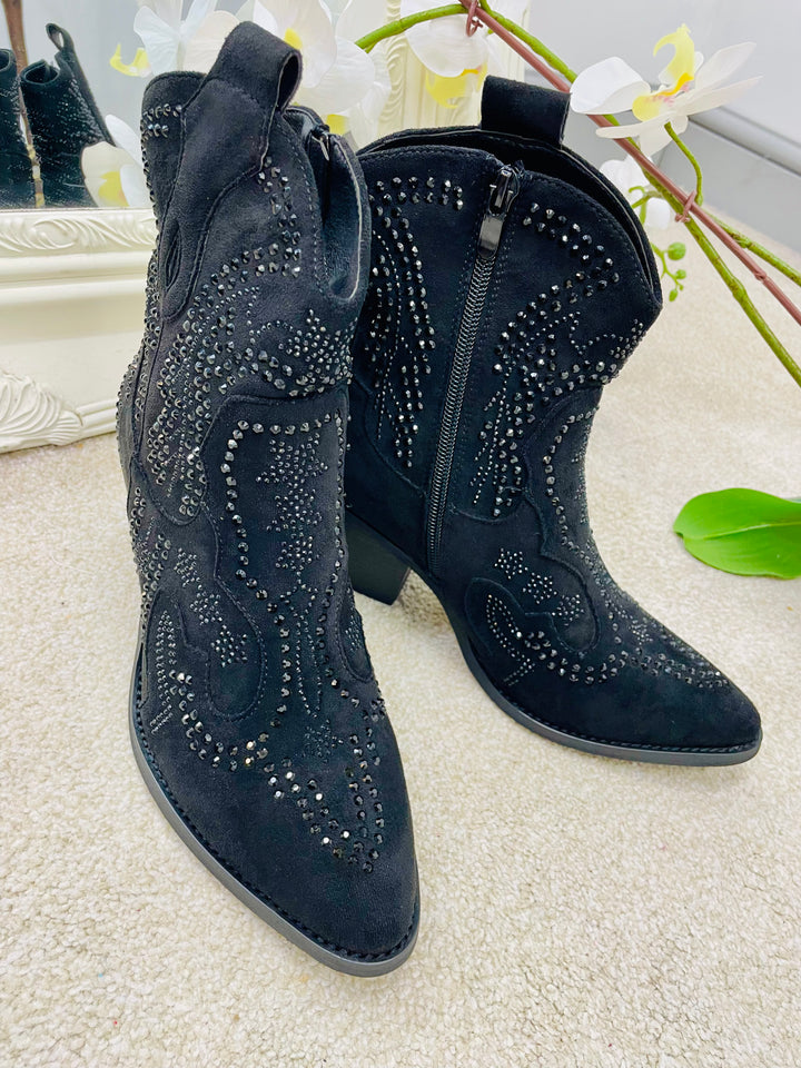 BLACK DIAMANTÉ COWBOY BOOTS ( 3258 )