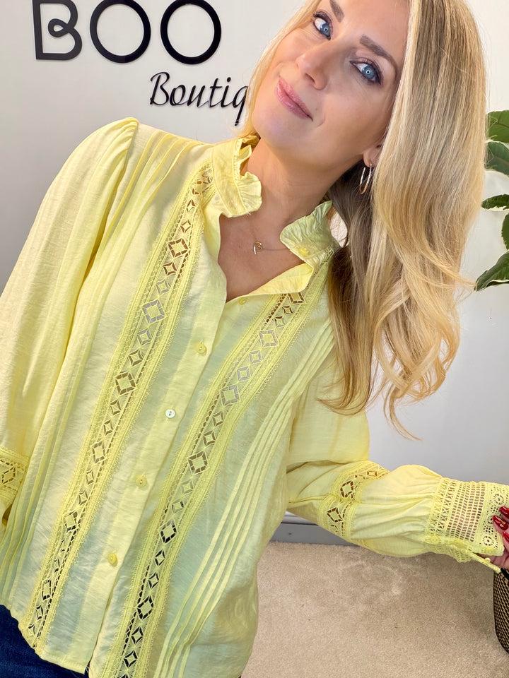 LADIES COTTON LACY BLOUSE SHIRT - WHITE, BLACK, YELLOW  & PINK