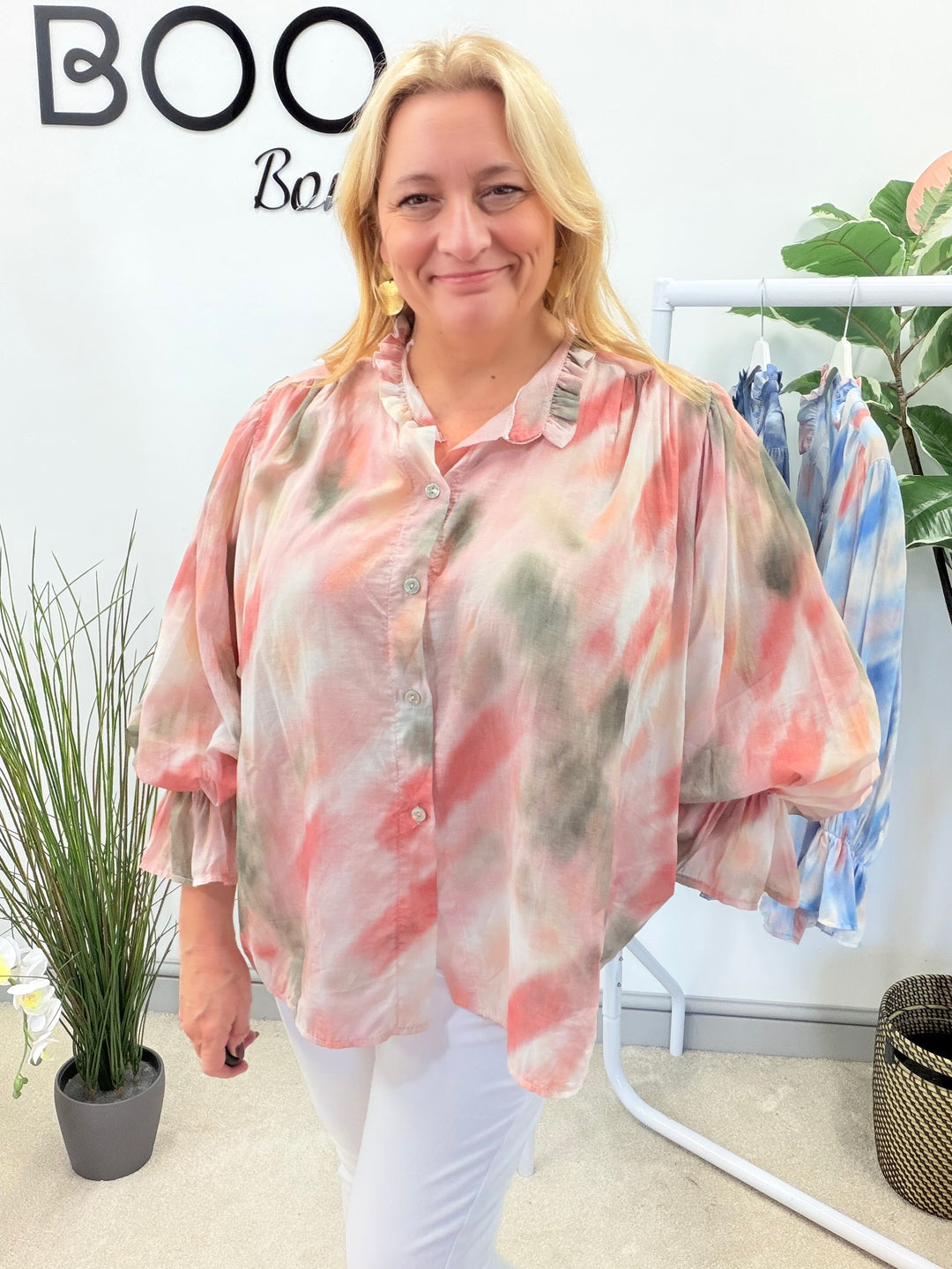 LADIES TIE DYE LOOSE FIT BLOUSE - PINK, NAVY, PALE BLUE